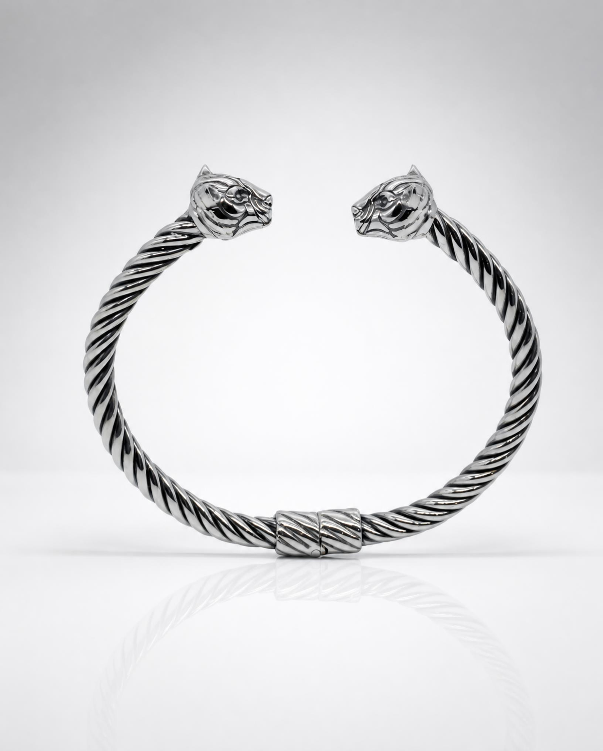 Sterling Silver Tiger Head Cable Cuff Bracelet