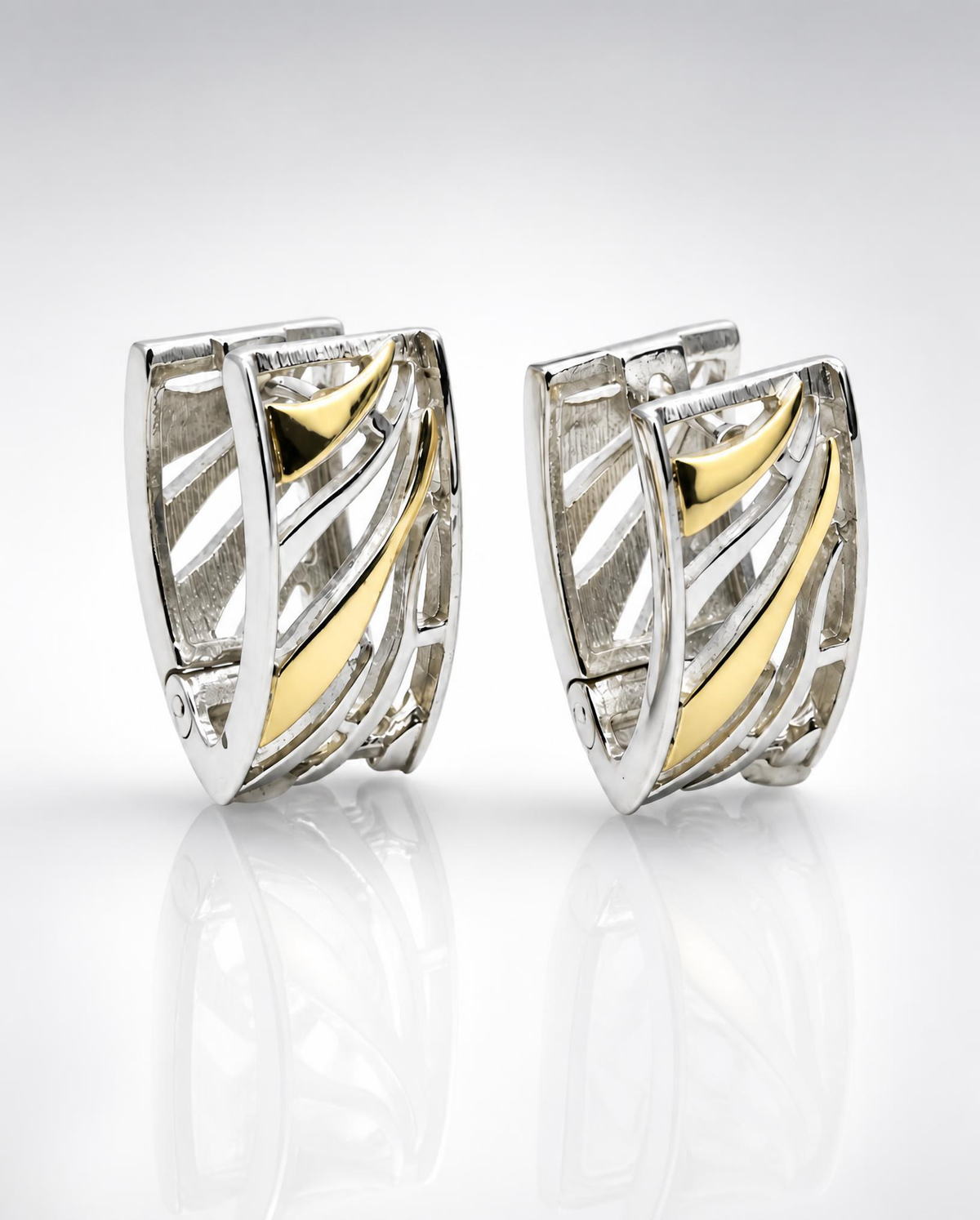 Sterling Silver Ribbed Hoop Earrings with 14K Gold Accent-125