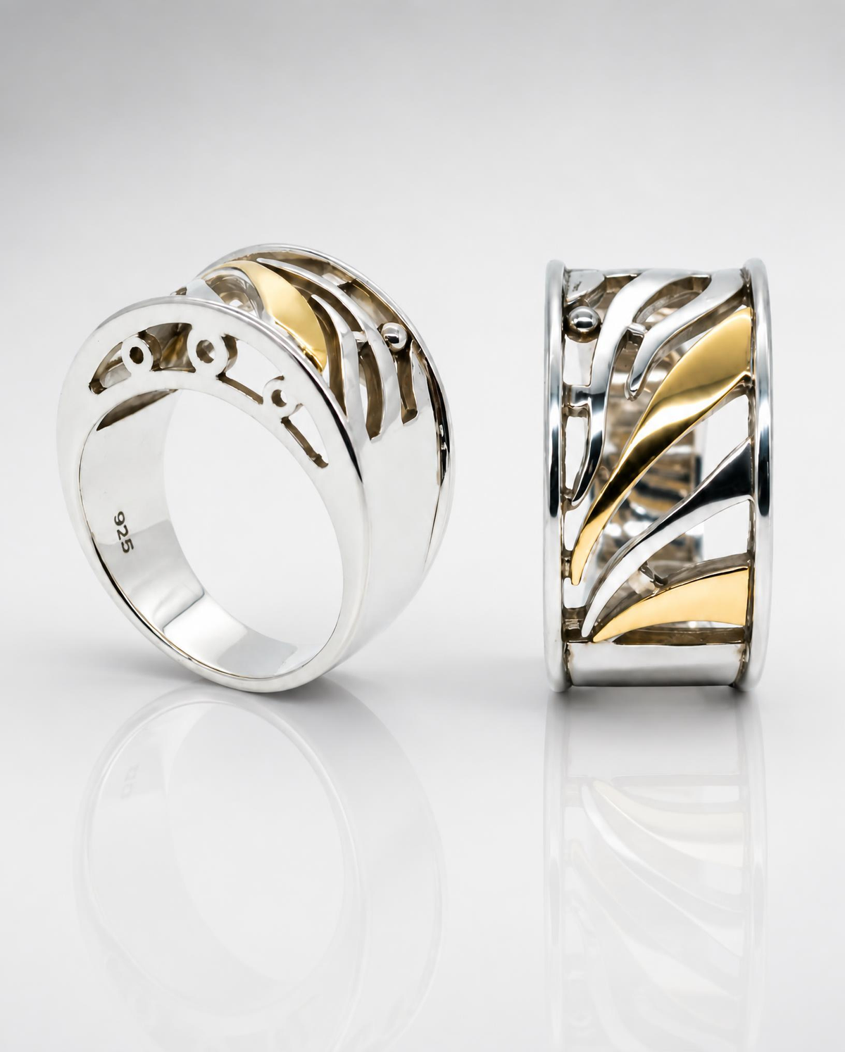 Sterling Silver Diagonal Cutout Dome Ring with 14K Gold Accent