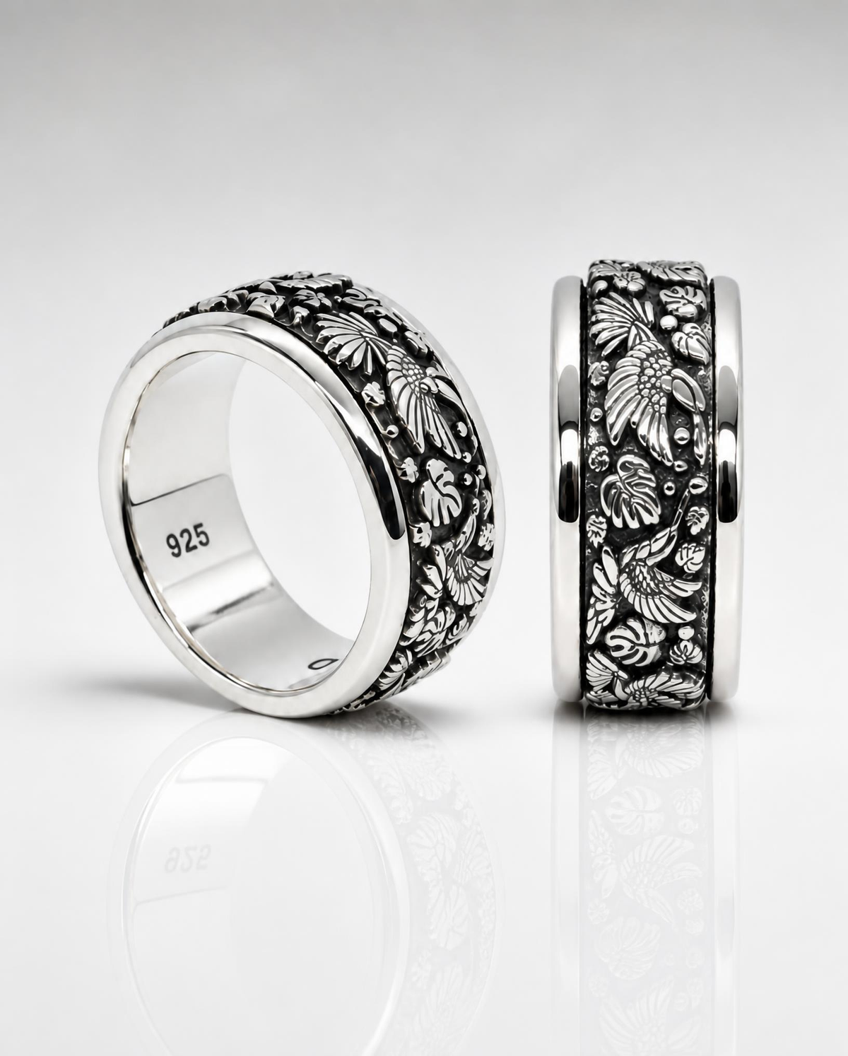 Sterling Silver Hummingbird Floral Sculpted Ring