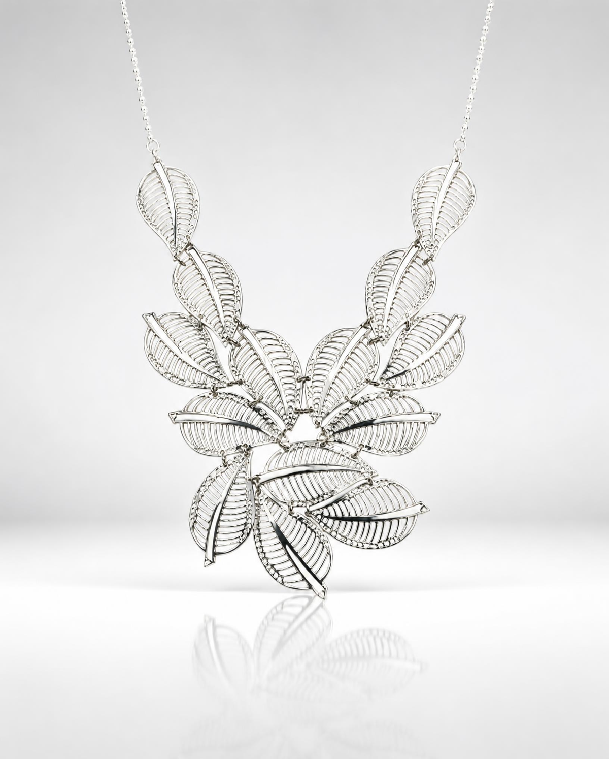Sterling Silver Leaf Cluster Statement Necklace