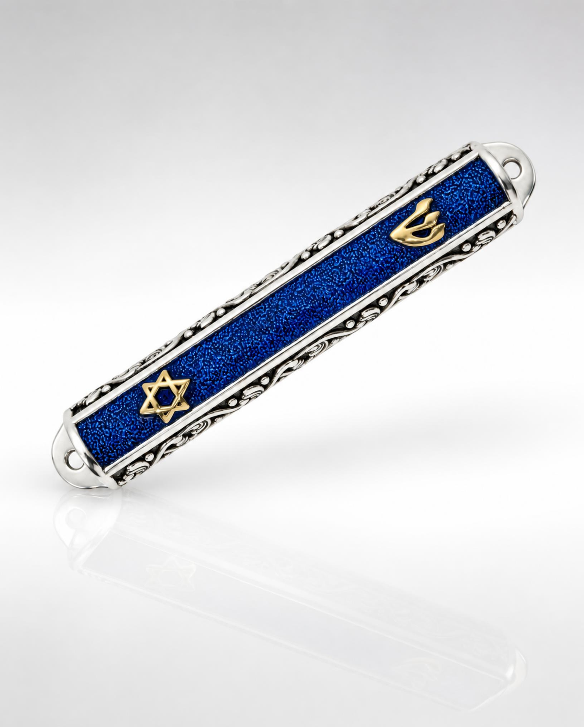 Sterling Silver Blue Enamel Mezuzah Case with 14K Gold