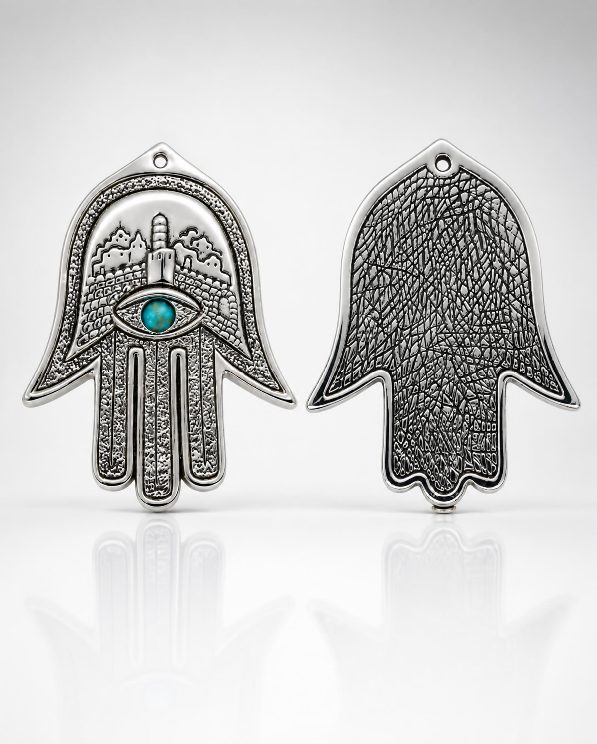 Sterling Silver Jerusalem Hamsa Pendant with Turquoise Eye