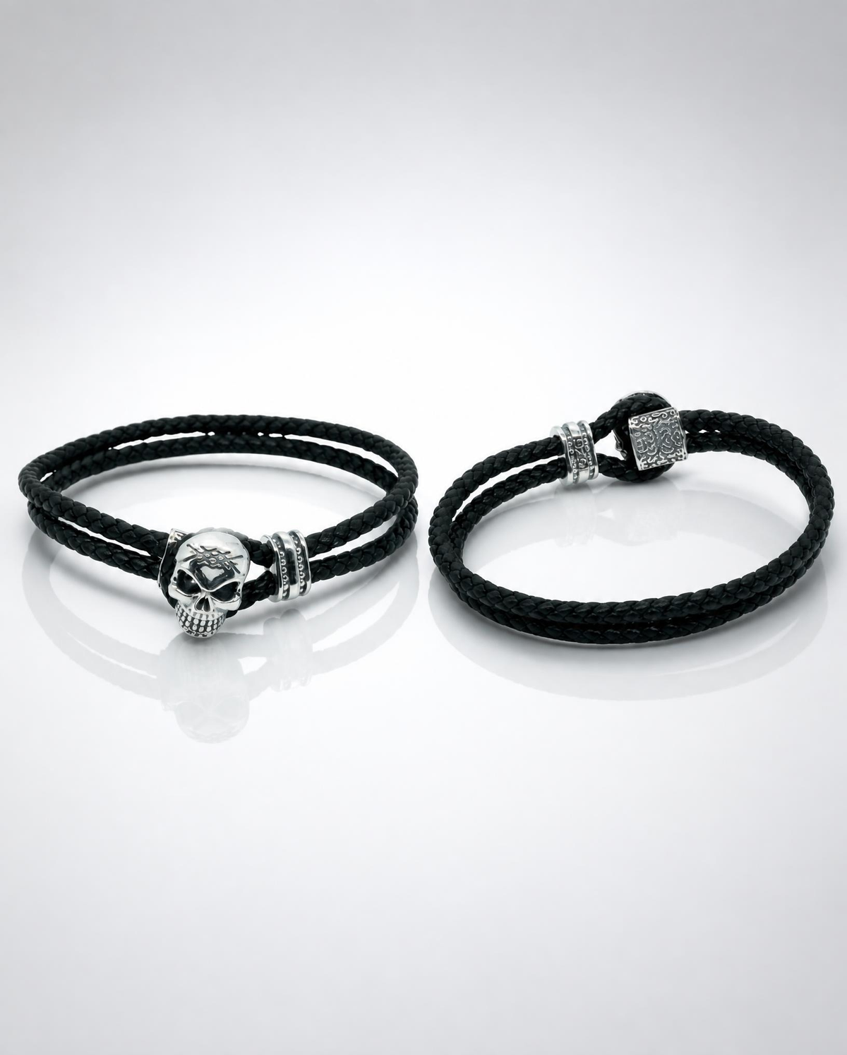 Sterling Silver Skull Braided Leather Bracelet
