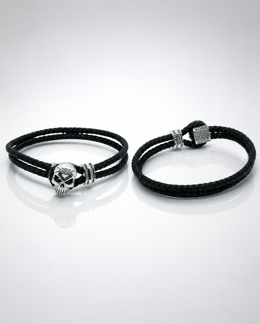Sterling Silver Skull Braided Leather Bracelet