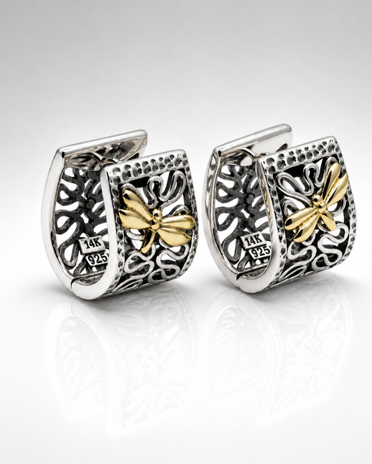Sterling Silver Filigree Dragonfly Hoop Earrings
