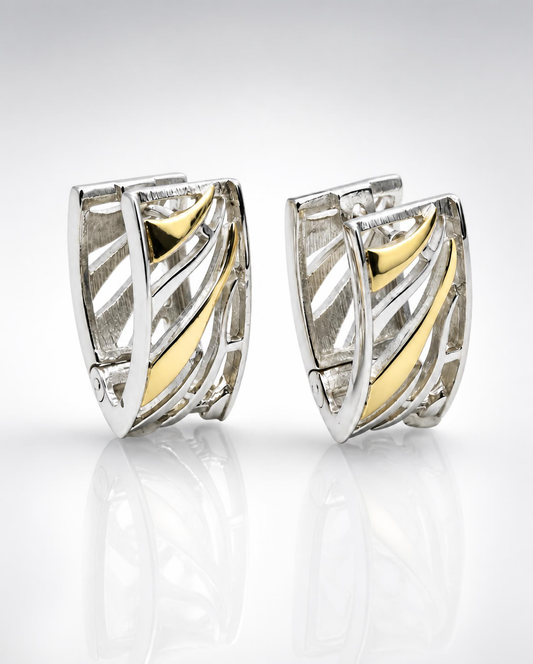 Sterling Silver Ribbed Hoop Earrings with 14K Gold Accent-125