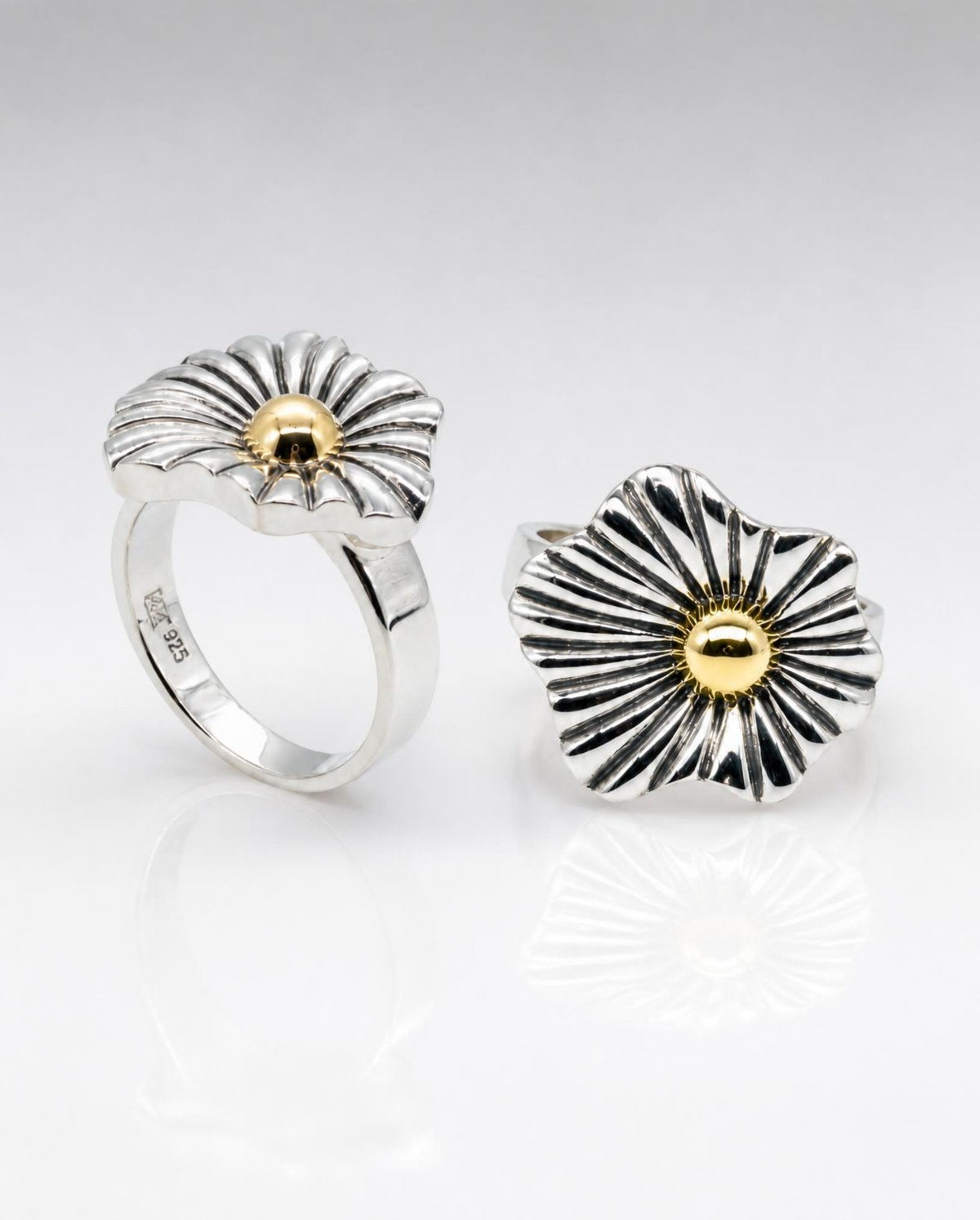 Sterling Silver Fluted Flower Ring with 14K Gold Center