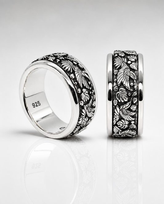 Sterling Silver Hummingbird Floral Sculpted Ring