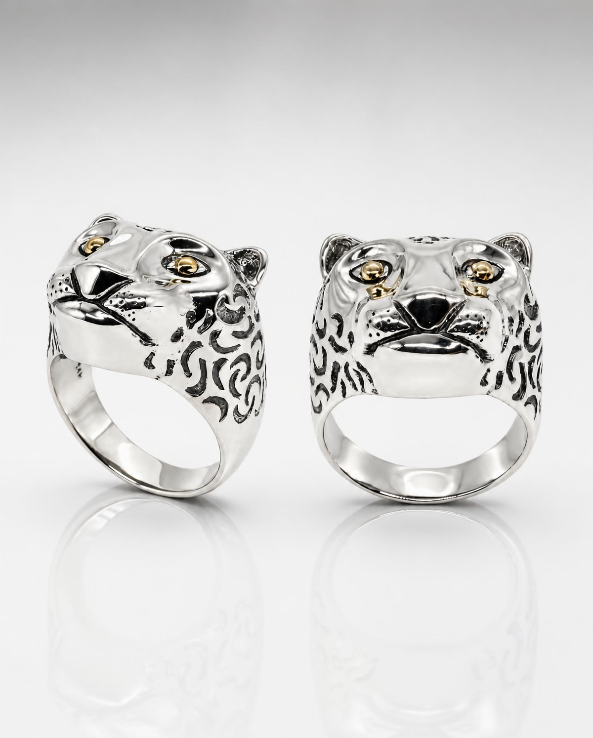 Sterling Silver Leopard Head Ring with 14K Gold Eyes