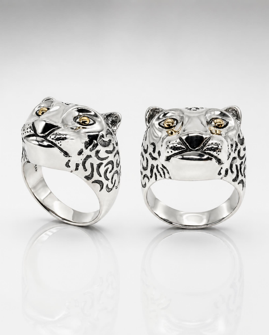 Sterling Silver Leopard Head Ring with 14K Gold Eyes