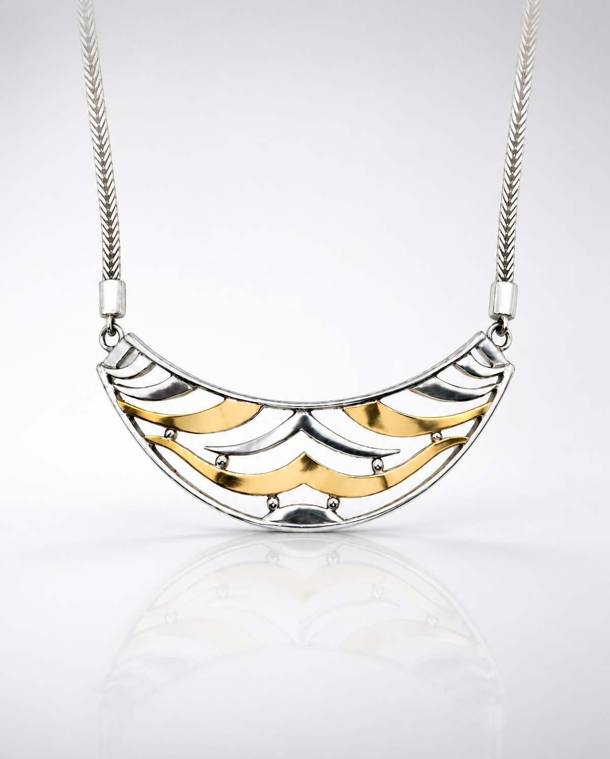 Sterling Silver Scalloped Crescent Bib Necklace with 14K Gold Accents