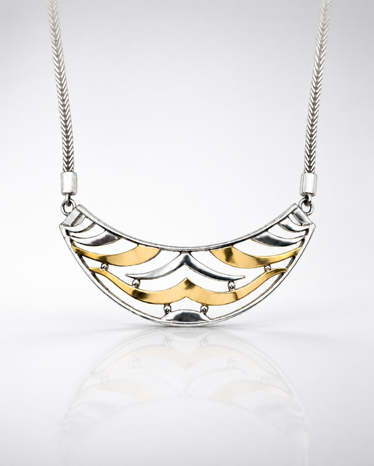 Sterling Silver Scalloped Crescent Bib Necklace with 14K Gold Accents