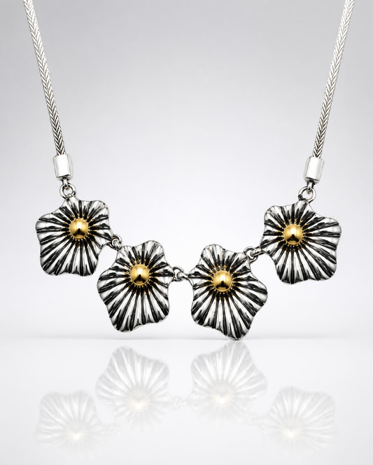 Sterling Silver Sunburst Flower Statement Necklace with 14K Gold Accents