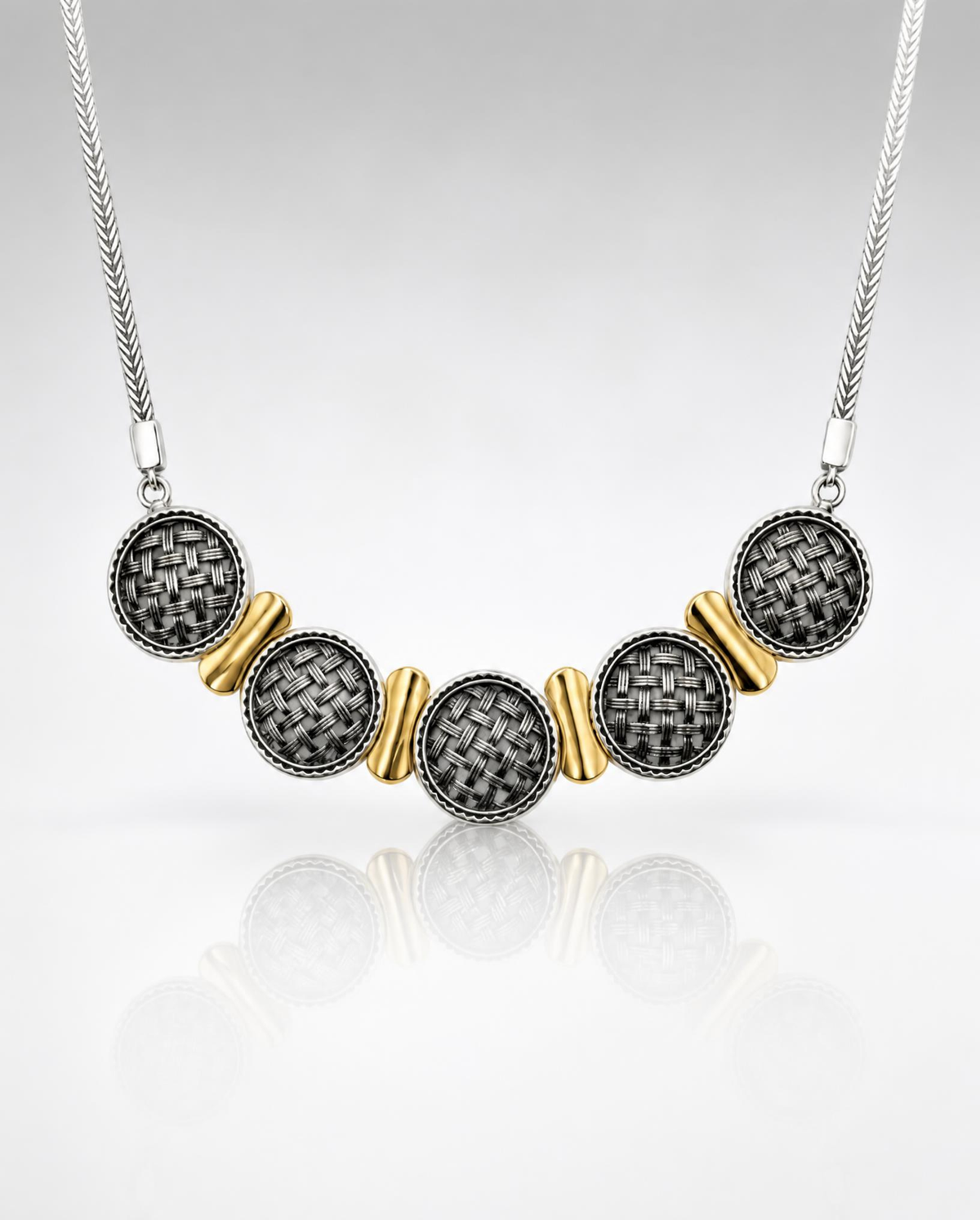 Sterling Silver Woven Disc Bead Necklace with 14K Gold Accents