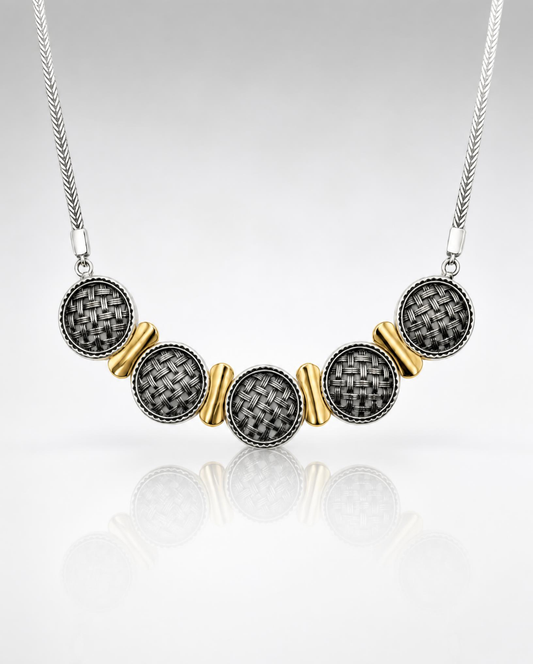 Sterling Silver Woven Disc Bead Necklace with 14K Gold Accents