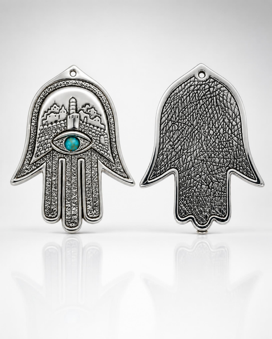 Sterling Silver Jerusalem Hamsa Pendant with Turquoise Eye